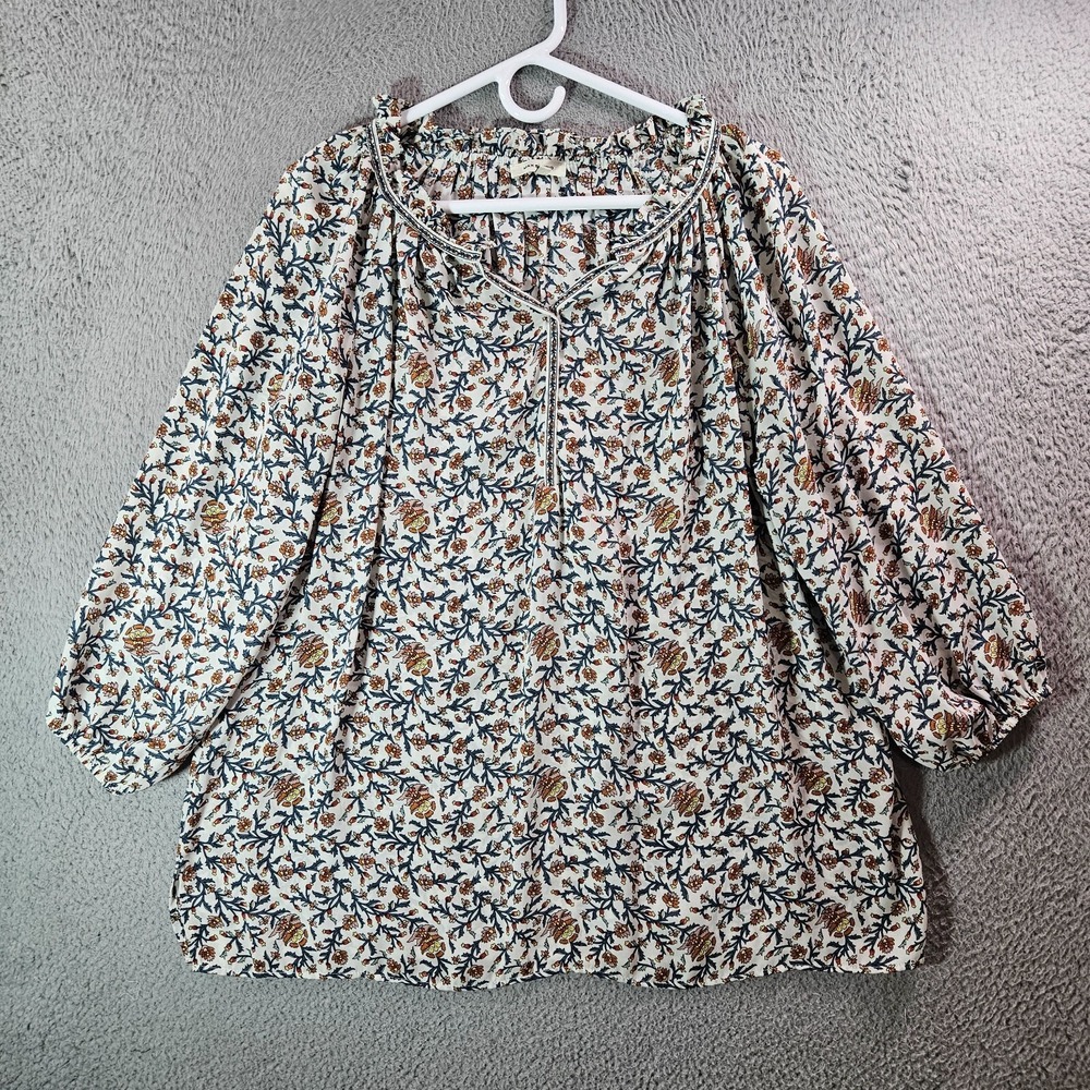Max Studio Tunic Top Blouse Women 1X Plus Orange Green Floral Print White